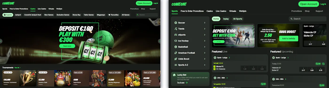 ComeOn Casino og Sportsbook Screenshot
